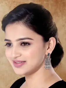 I Jewels Silver-Plated Boho Peacock Feather Oxidised Drop Earrings