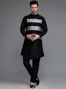 Utsav Fashion Colourblocked Band Collar Dupion Silk Straight Kurta With Trousers