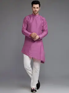 Utsav Fashion Band Collar Dupion Silk Pleated A-Line Kurta With Trousers