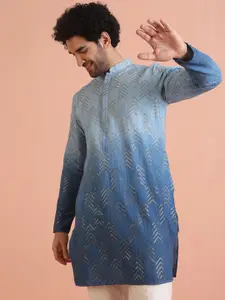 KISAH Geometric Embroidered Sequinned Mandarin Collar Straight Kurta