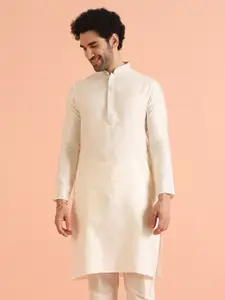 KISAH Mandarin Collar Woven Design Thread Work Cotton Straight Kurta