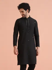KISAH Mandarin Collar Ethnic Motifs Embroidered Mirror Work Regular Straight Kurta