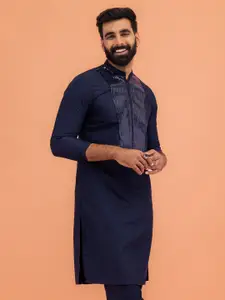 KISAH Striped Yoke Design Mandarin Collar Straight Kurta