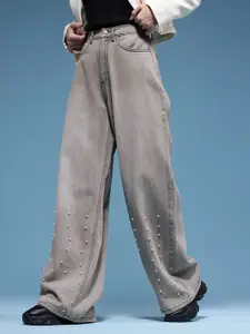 HERE&NOW Women Vintage Wash Baggy Mid-Rise Light Fade Embellished Pure Cotton Jeans