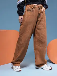 HERE&NOW Women Vintage Rust Tint Baggy Heavy Fade Mid-Rise Pure Cotton Jeans