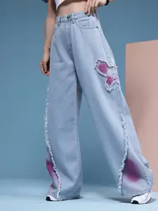 HERE&NOW Women Baggy Light Fade Frayed Color Spray Detail Pure Cotton Jeans