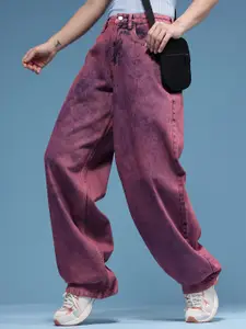 HERE&NOW Women Baggy Acid Wash Heavy Fade Mid-Rise Pure Cotton Jeans