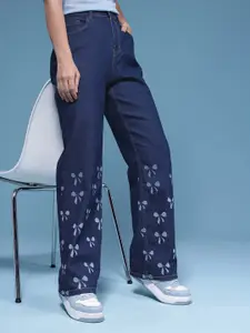 HERE&NOW Women Straight Fit Mid-Rise Light Fade Bow Printed Stretchable Jeans