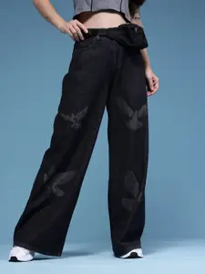 HERE&NOW Women Wildlife Print Baggy Mid-Rise Light Fade Printed Pure Cotton Jeans