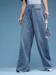 HERE&NOW Women Baggy Mid-Rise Light Fade Embellished Pure Cotton Jeans