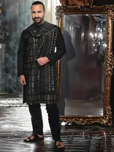 House of Pataudi Embroidered Band Collar Sequinned Jashn Kurta with Trousers & Dupatta