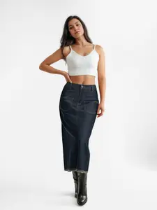 glitchez Pure Cotton Midi A-Line Skirt with Frayed Hem