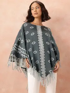 all about you Printed Longline Poncho with Fringed Detail