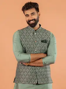 KISAH Men Mandarin Collar Woven Design Nehru Jacket