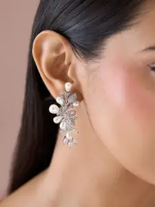 Fida Premium 14k Rhodium-Plated AAA American Diamond & Pearl-Studded Floral Drop Earrings