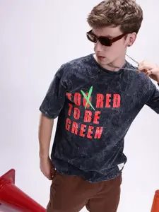 Kook N Keech Printed Drop-Shoulder Sleeves Washed Effect Pure Cotton Oversized T-shirt