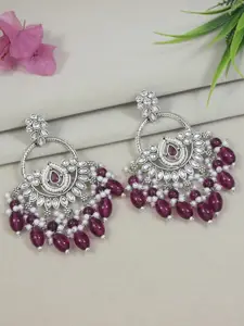 I Jewels Silver-Plated Contemporary Oxidised Kundan Studded & Pearls Chandbalis