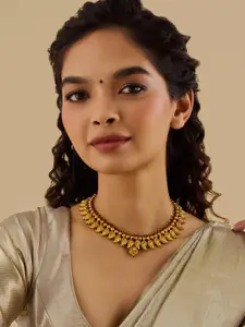 Kushal's Fashion Jewellery 92.5 Pure Silver Gold-Plated Stone Studded Temple Necklace