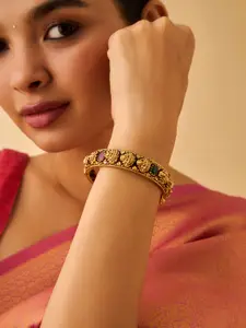Kushal's Fashion Jewellery Embellished Bridal 92.5 Silver Gold-Plated Ruby Temple Bangle