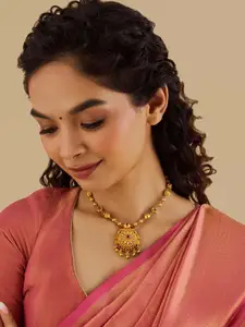 Kushal's Fashion Jewellery 92.5 Pure Silver Gold-Plated Ruby Temple Minimal Necklace