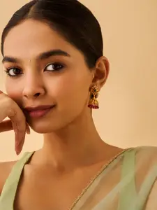 Kushal's Fashion Jewellery 92.5 Pure Silver Gold-Plated Stone Studded & Beaded Jhumkas