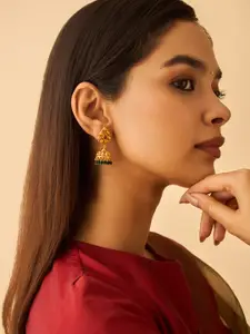 Kushal's Fashion Jewellery 92.5 Pure Silver Gold-Plated Ruby Studded Temple Jhumkas