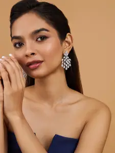 Kushal's Fashion Jewellery Rhodium-Plated Leaf Shaped Cubic Zirconia Drop Earrings