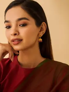 Kushal's Fashion Jewellery 92.5 Pure Silver Gold Plated Stone Studded Dome Shaped Jhumkas