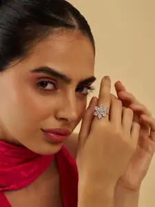 Kushal's Fashion Jewellery Rhodium-Plated Stone-Studded Adjustable Finger Ring