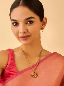 Kushal's Fashion Jewellery Embellished Bridal Gold-Plated 92.5 Silver Temple Pendant Set