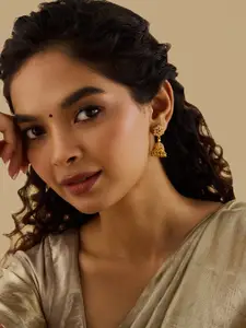 Kushal's Fashion Jewellery 92.5 Pure Silver Gold Plated Stone Studded Dome Shaped Jhumkas