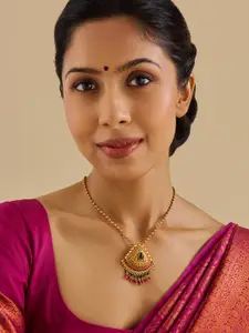 Kushal's Fashion Jewellery 92.5 Pure Silver Gold-Plated Stone Studded Triangular Pendant