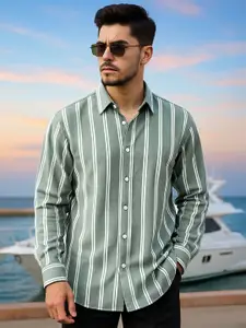Maniac Men Comfort Spread Collar Vertical Striped Cotton Casual Shirt