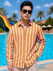 Maniac Men Comfort Spread Collar Vertical Striped Cotton Casual Shirt