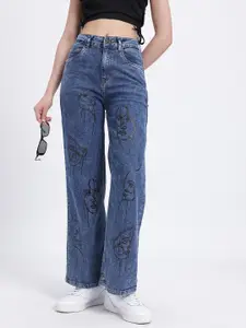 glitchez Women Mid-Rise Printed Stretchable Straight Fit Jeans