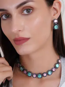 Adwitiya Collection Rhodium Plated AD Studded Necklace and Earrings