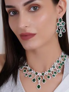 Adwitiya Collection Rhodium Plated Emerald & CZ Studded Necklace and Earrings