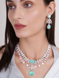 Adwitiya Collection Rhodium Plated CZ Studded Necklace and Earrings