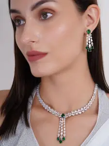 Adwitiya Collection Rhodium-Plated Stone Studded Emerald Necklace and Earrings