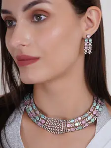 Adwitiya Collection Rhodium Plated CZ Studded Necklace and Earrings