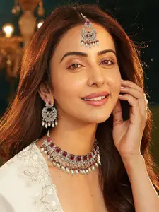 AccessHer Sterling Silver-Plated AD Studded & Beaded Necklace and Earrings With Maang Tika