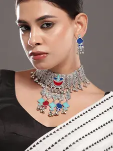 Rubans Oxidised Silver-Plated Choker Necklace Set with Vibrant Blue,Red & Turquoise Accent