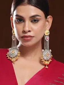 Rubans Oxidised Silver & Gold-Plated Dangle Earrings with Ruby,Emerald & Gold Bead Accents