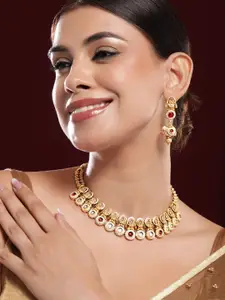 Rubans 24K Gold-Plated Ruby, Kundan & Pearl Beading Temple Necklace Set & Jhumka Earrings