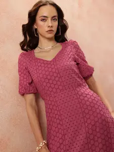 all about you Puff Sleeve Schififli A-Line Midi Dress