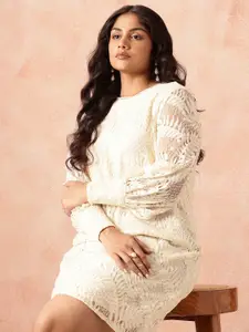 all about you Plus Size Tropical Self-Design Cuffed Sleeves Sheath Dress with Lace Inserts