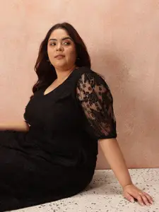 all about you Plus Size Lace Puff Sleeve Empire Midi Dress