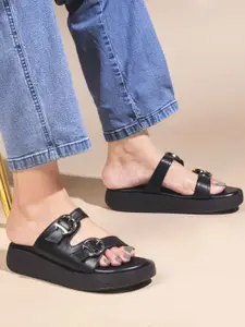 JM Looks Women Open Toe Double Buckle Slide Flatform Sandals