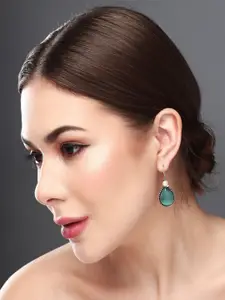 Anvik Silver Plated Artificial Stones Studded Teardrop Shaped Oxidised Drop Earrings