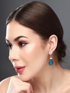 Anvik Silver Plated Artificial Stones Studded Teardrop Shaped Oxidised Drop Earrings